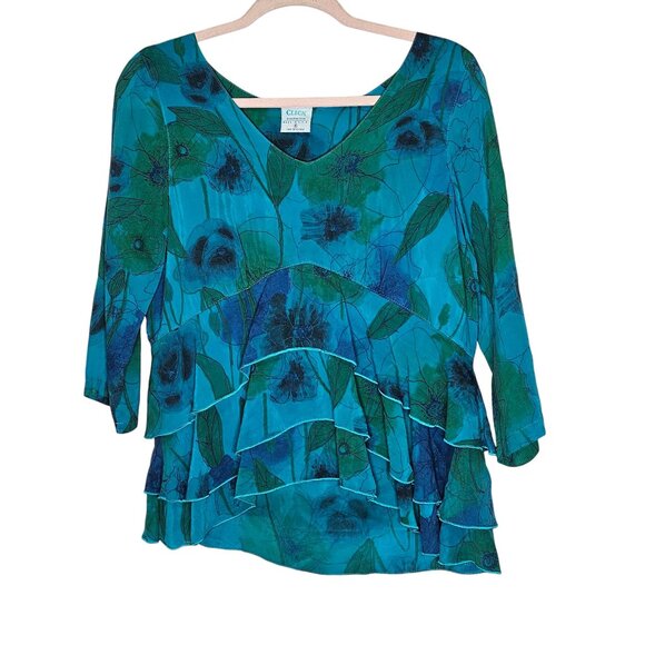 Click By Color Me Cotton Floral Layered Tunic S Blue Green Womens Shirt Blouse - Picture 1 of 9